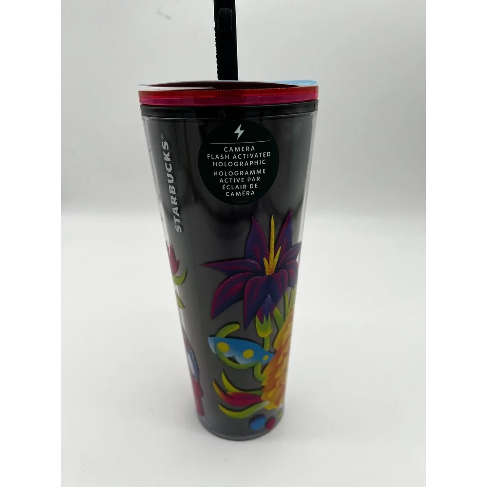 Starbucks Dia De Muertos 24oz Tumbler Cup Glow Dark Skull‎ Straw Holographic
